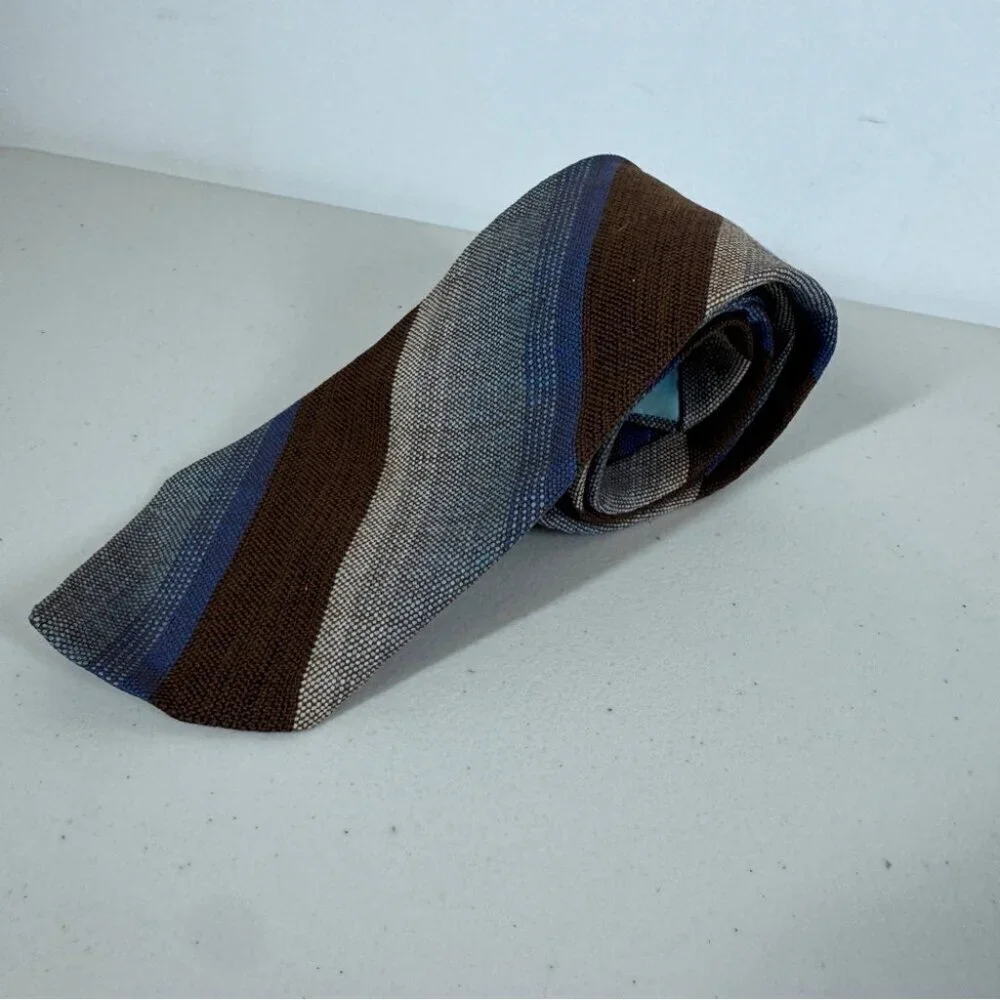 Madawaska Weavers Wool Striped Brown and Blue Men's Tie Vintage Handmade Canada